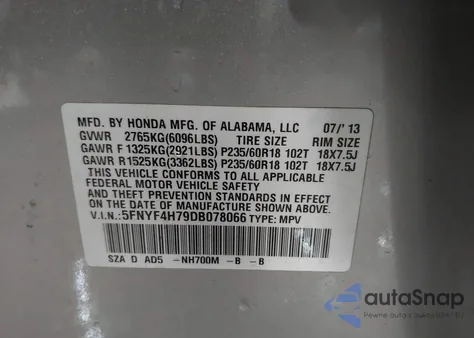 2013 Honda Pilot Ex-L z USA, uszkodzony, nr VIN 5FNYF4H79DB078066